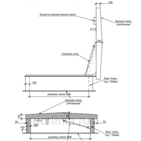 Люк выхода на кровлю утепленный двухскатный чертежи dwg с размерами